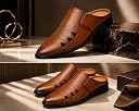 Backless Formal Mules for Men, Slip-On Loafer Sandals, Laser-Cut Geometric Detailing, Lightweight, Breathable, Semi-Formal and Festive Ethnic Style (TAN, UK Footwear Size System, Adult, Men, Numeric, Medium, 6) gallery image