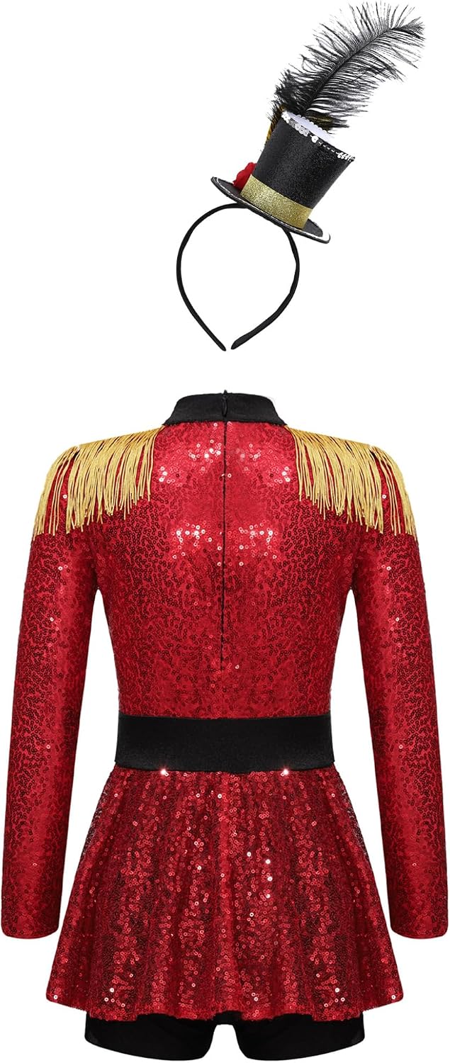 Kids Girls Shiny Sequins Circus Ringmaster Jumpsuit Performance Dress Marching Band Uniform Outfit