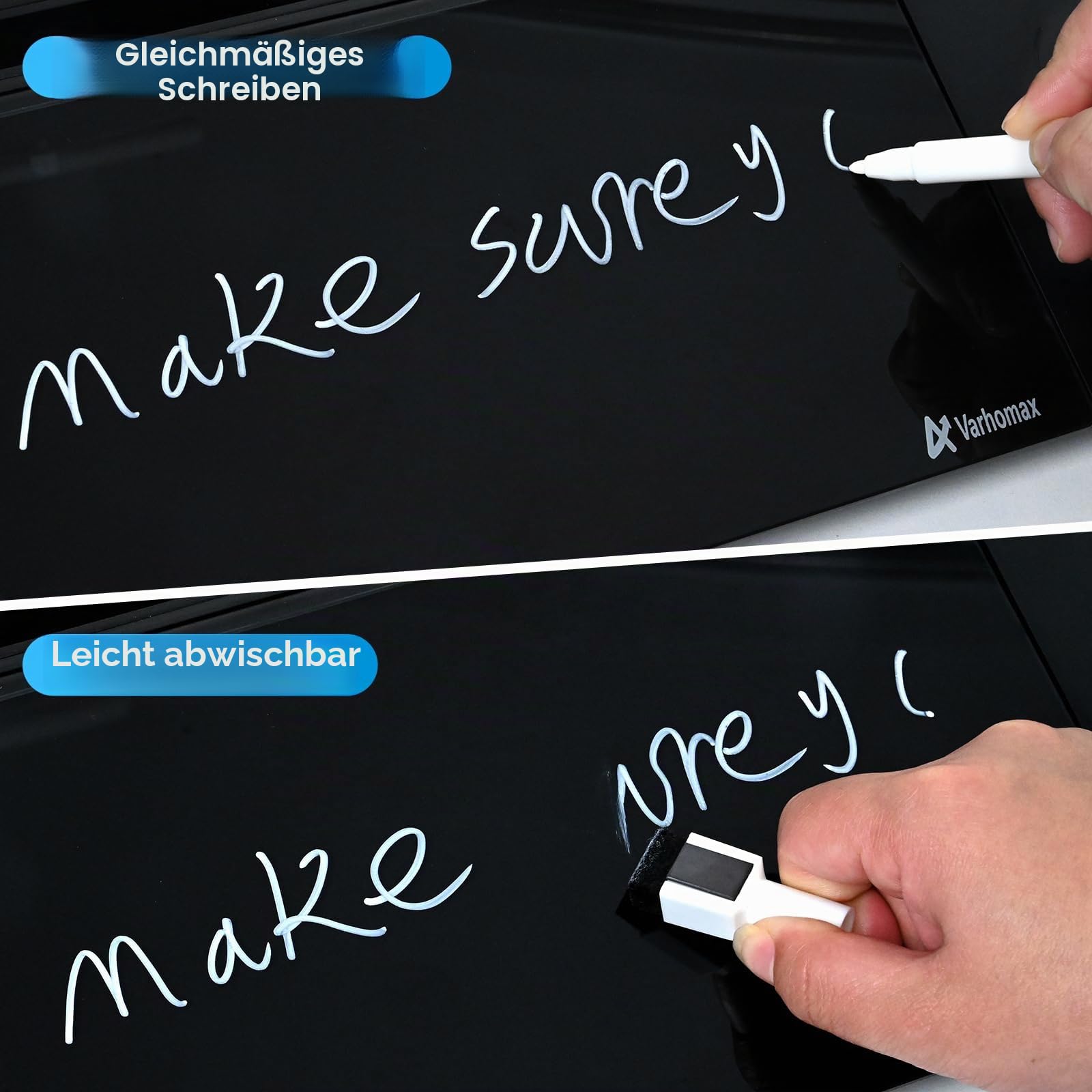Varhomax Glas-Schreibtisch-Whiteboard mit kabellosem Ladegerät, trocken abwischbar, Whiteboard mit Aufbewahrung, To-Do-Liste, Notizblock für Zuhause und Büro, Schwarz