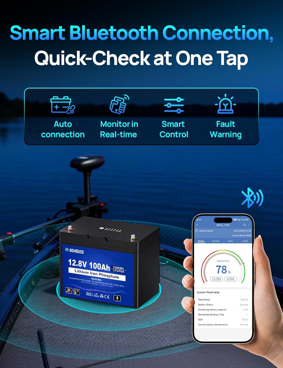 DC HOUSE 12V 100Ah LiFePO4 Trolling Motors Battery with SOC Status Indicators, Bluetooth & Low Temp Cut-Off, 100A Smart BMS, Up to 15000 Cycles for RV, Marine, Boat