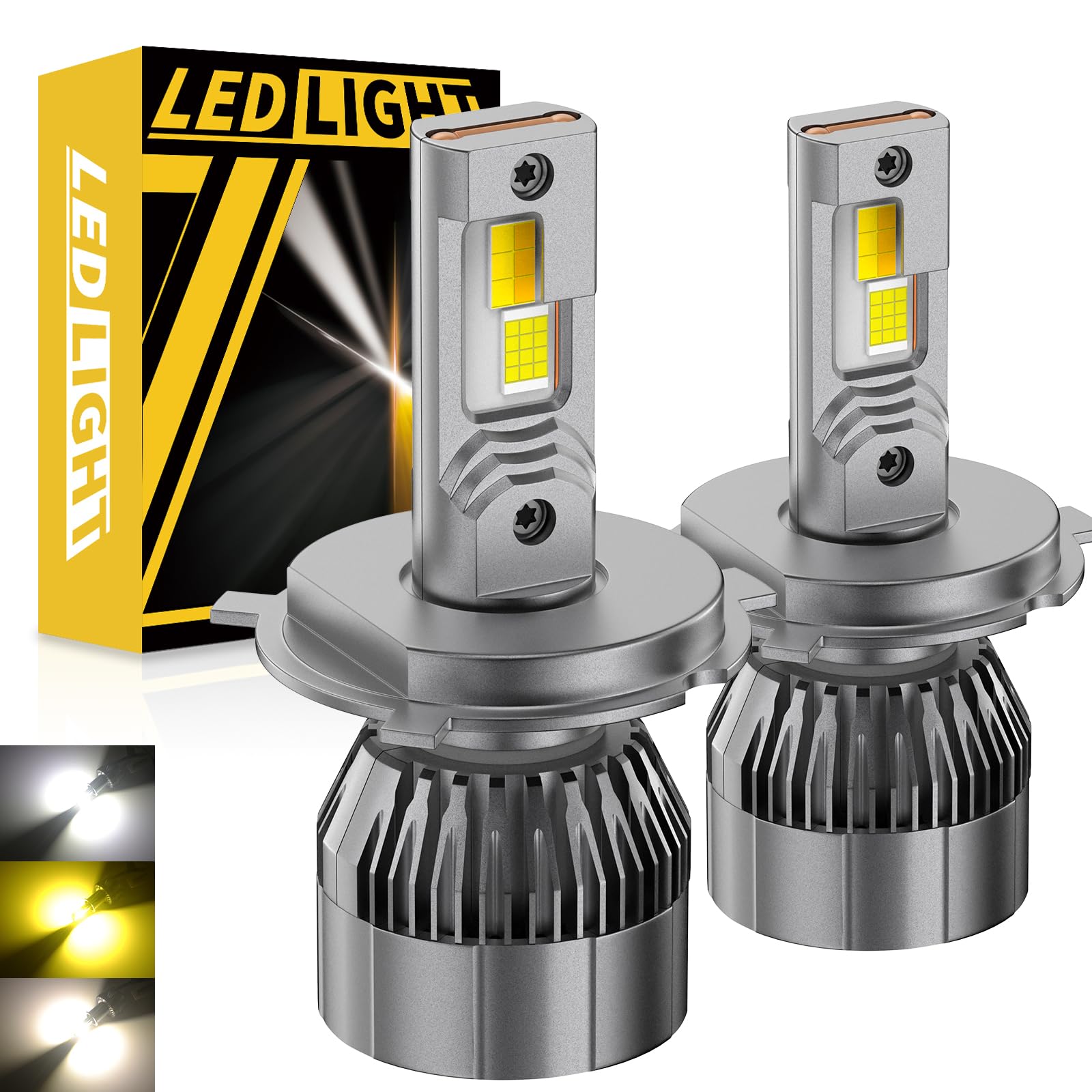 H4 9003 LED Lampadina per Fari, 2 PZ Nuovo Tri-colore (6500K 4300K 3000K) Lampadina per Fari H4 Canbus 12-24V 120W Kit LED Abbaglianti/Anabbaglianti 800% Luminosità Sostituzione Alogena