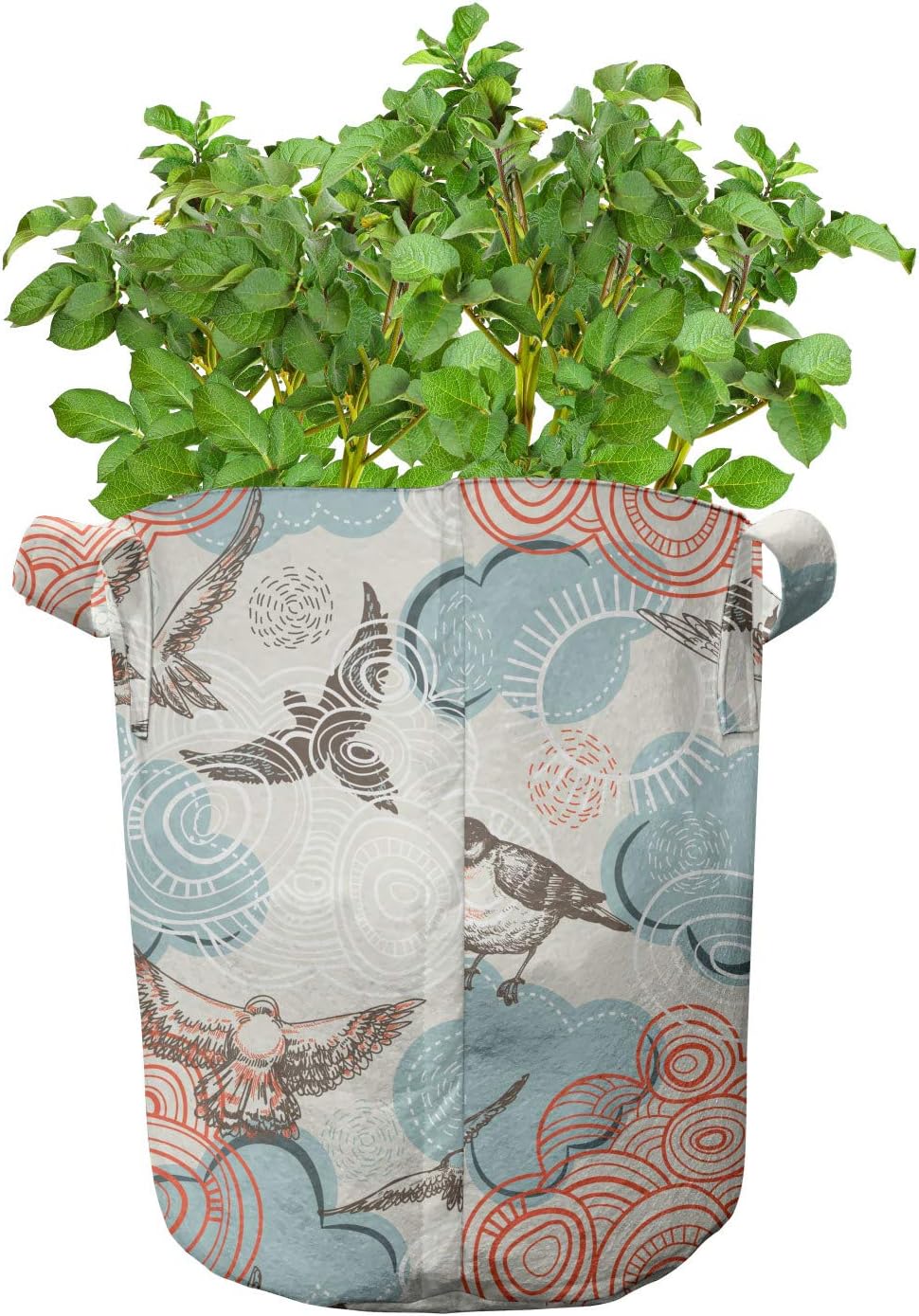Lunarable Birds Grow Bags 5-Pack, Cloud Doodle and Flying Flock, Heavyduty Fabric Pots with Handles for Plants, 7 Gallon, Multicolor