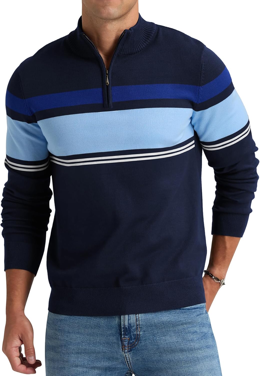 NITAGUT Mens Sweaters 1/4 Zip Up Striped Pullover Slim Fit Fall Winter Spring Long Sleeve Polo Sweaters - Image 2