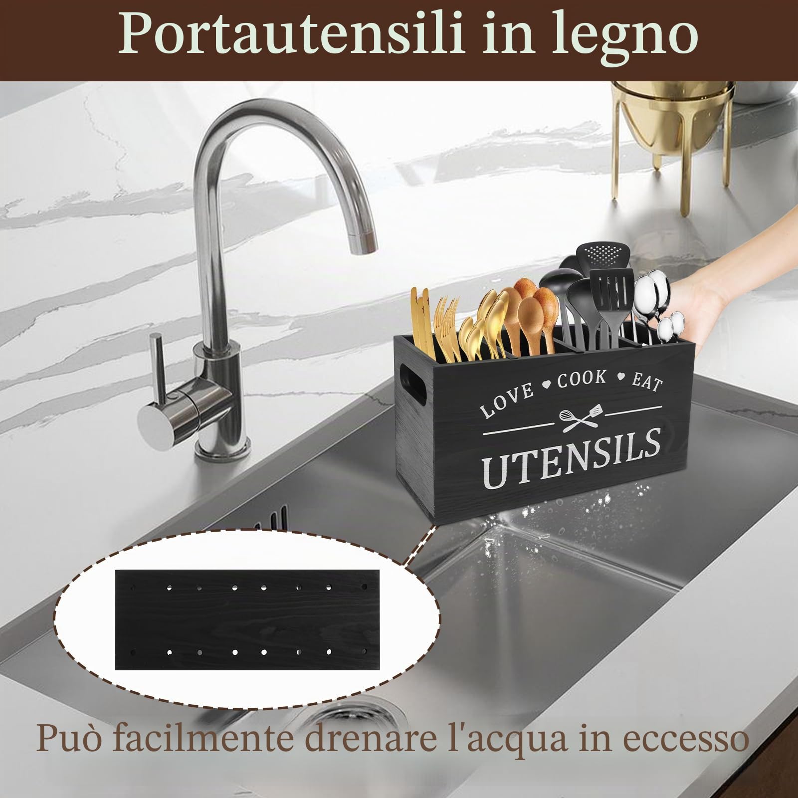 portautensili in legno rustico da cucina, organizer con 4 scomparti e fondo di drenaggio, organizer per posate, organizer per utensili da fattoria (nero)
