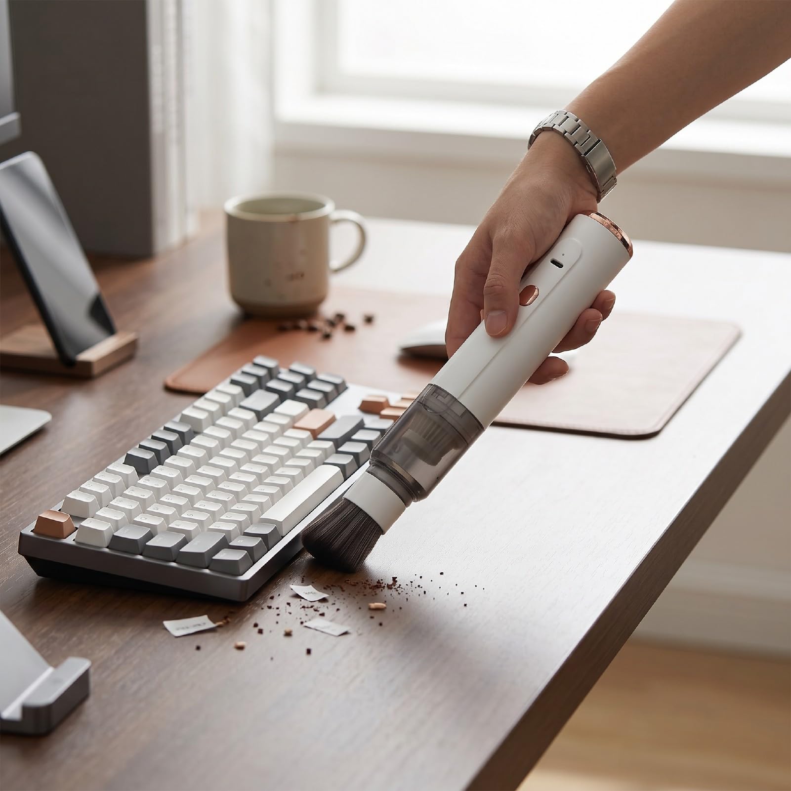 Topiky Aspirapolvere per macinacaffè Senza Fili, Mini Aspirazione Portatile per Auto, Casa e Ufficio, Aspirapolvere Portatile Ricaricabile con Spazzola Morbida, Soffiatore Leggero (WHITE)