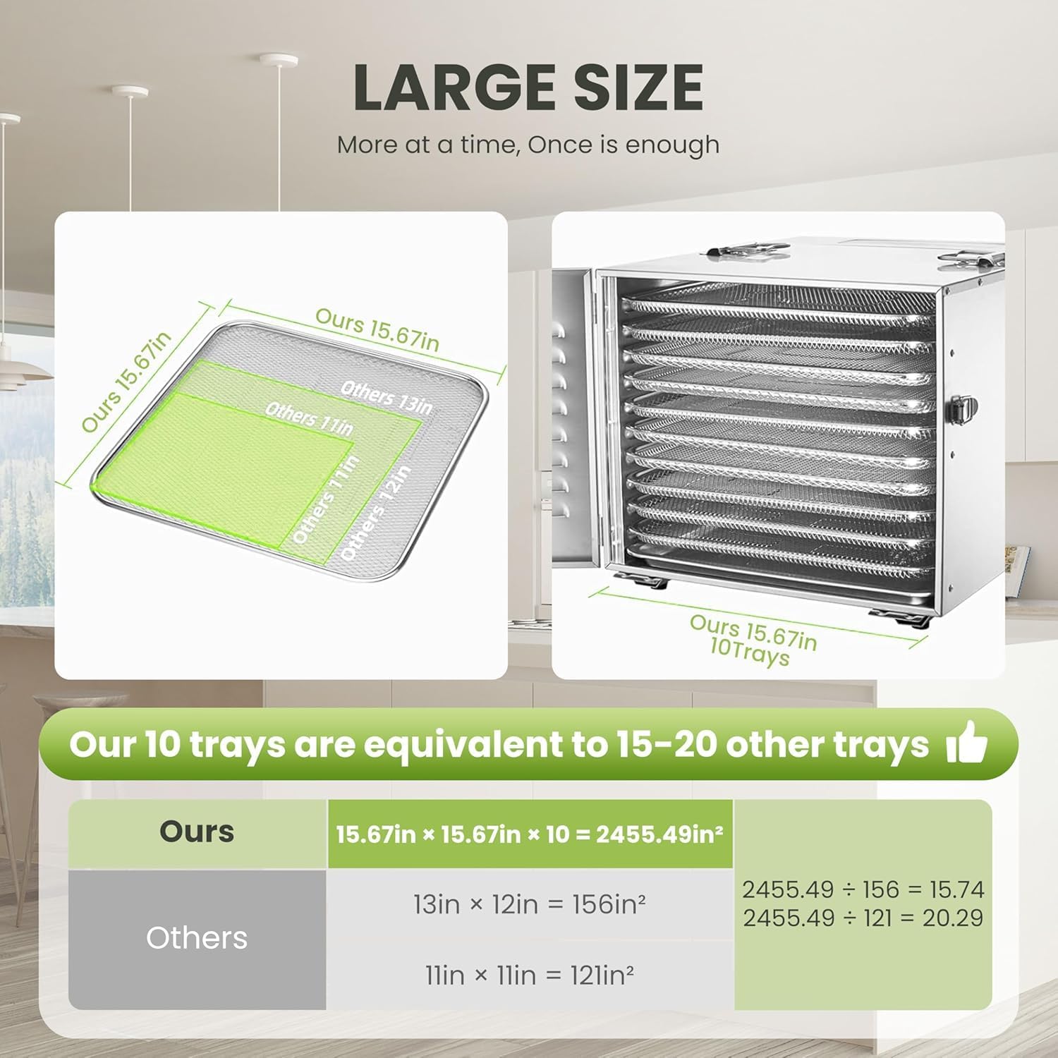 Commercial 10 Trays Food Dehydrator Machine for Jerky and Herbs Usable Area up to 24.65ft² and 194℉ Temperature 1000W Detachable Stainless Steel Dryer for Meat Fruit Mushrooms Beef Food Pear White