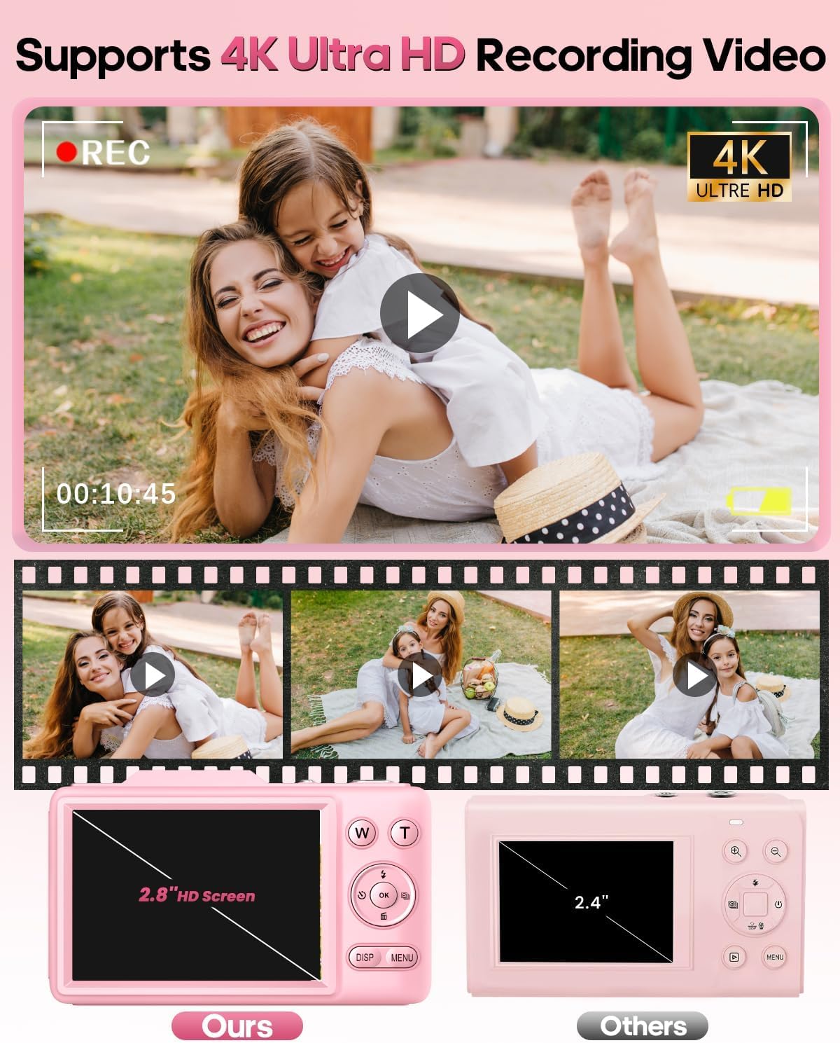 Cámara digital 4K para niños, cámara de vlogging de enfoque automático de 48 MP con tarjeta de 32 GB, zoom de 16X, antivibración, cámara compacta de apuntar y disparar para adolescentes principiantes