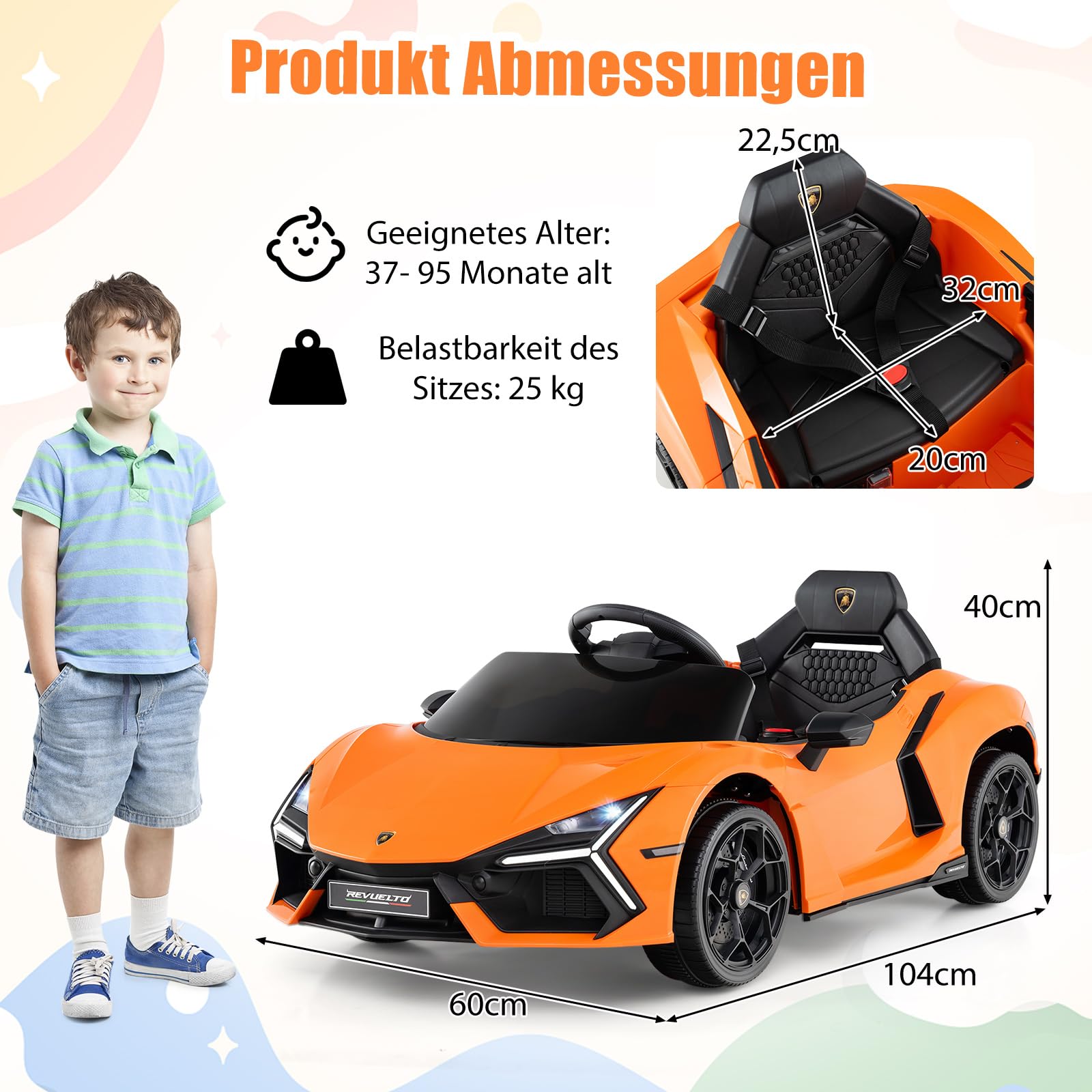 COSTWAY Samochód elektryczny dla dzieci Lamborghini Revuelto, elektryczny samochód dla dzieci 12 V z reflektorami LED, klaksonem i muzyką, 3-5 km/h, w zestawie pilot zdalnego sterowania (pomarańczowy)