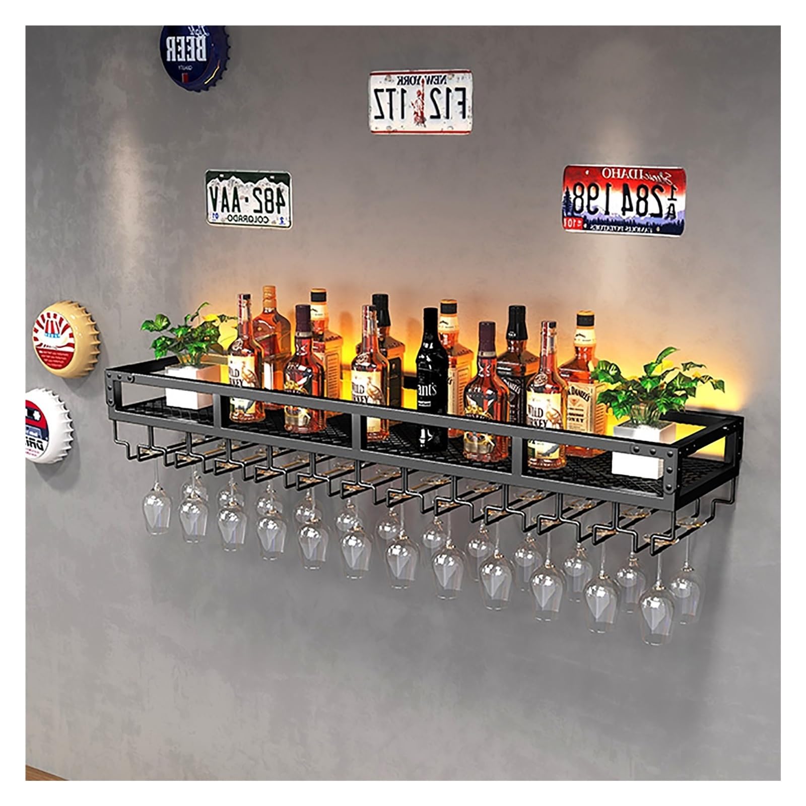 Support de verre à vin inversé mural et étagère de bar suspendue LED