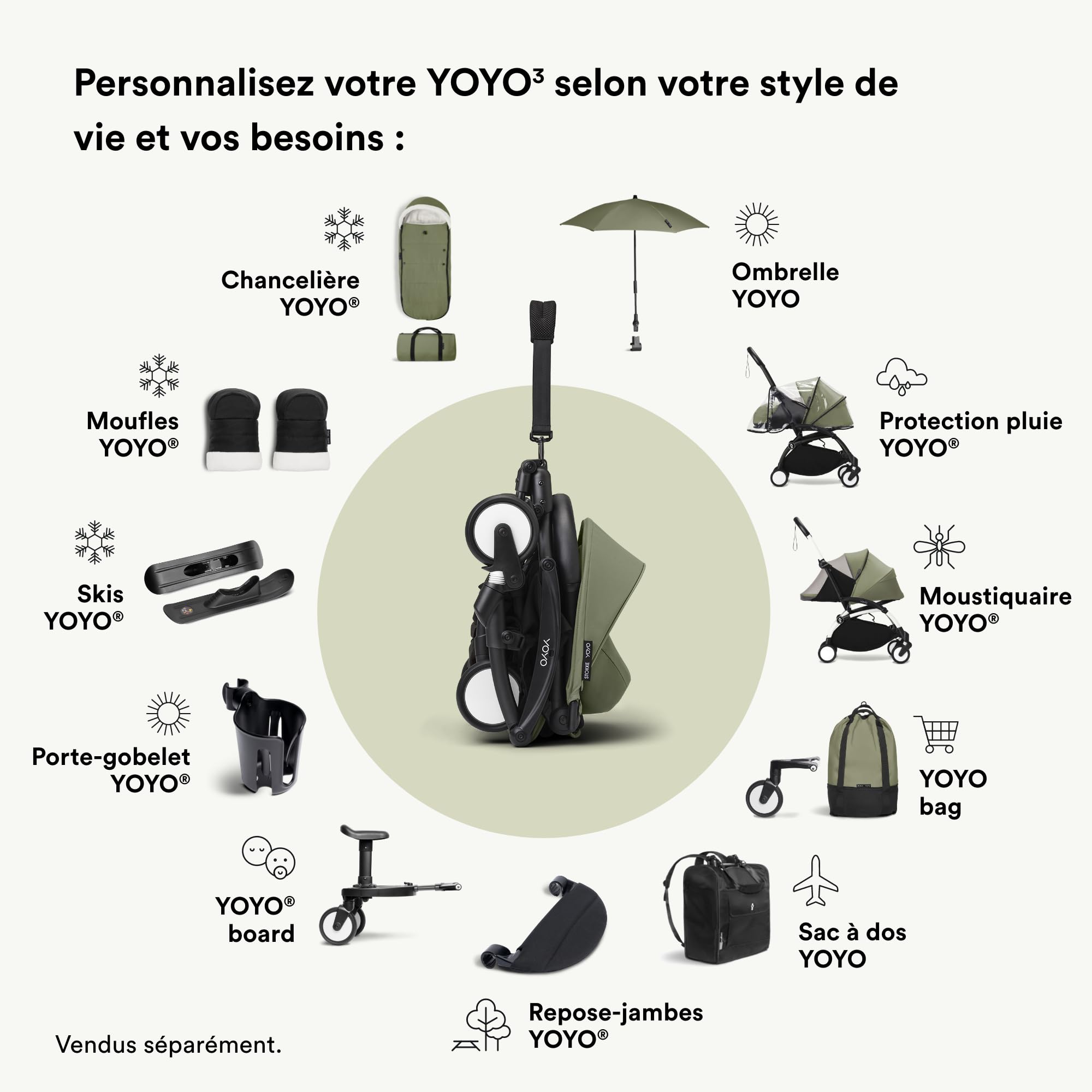 Pack nouveau-né Stokke YOYO 0+, Olive - Comprend un matelas, une capote extensible et un harnais à cinq points - Requiert le châssis YOYO (vendu séparément)