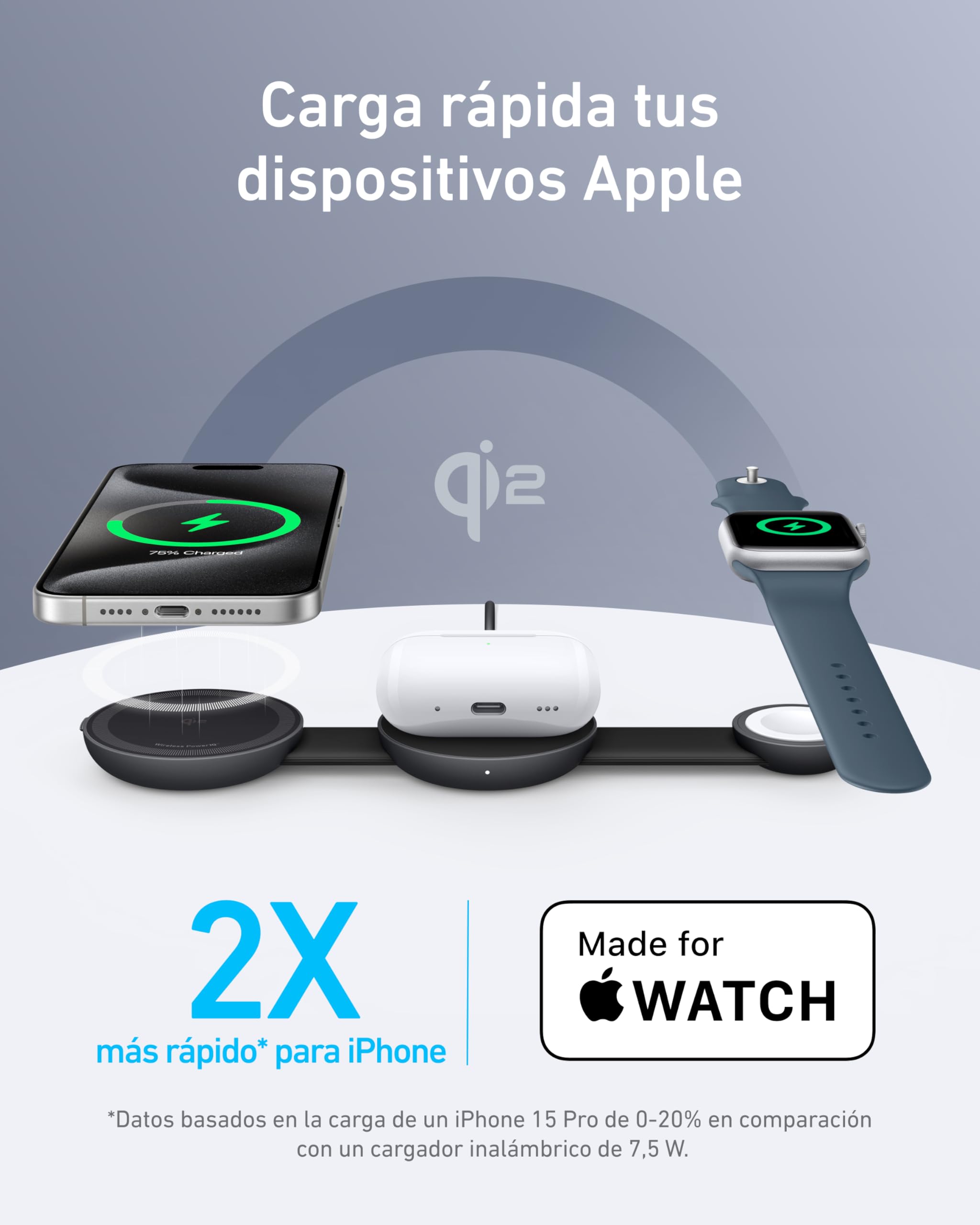 Anker MagGo Cargador Inalámbrico iPhone Estación de Carga Inalámbrica 3 en 1 Compatible con MagSafe Qi2 15W, Base de Carga Plegable de Viaje para iPhone 17/16/15/14 Series,AirPods,Apple Watch y Más