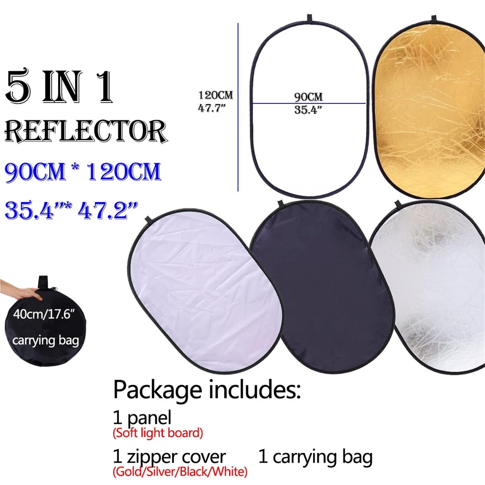 Réflecteur Photo Réflecteur de lumière 5 en 1 for Photographie, réflecteur Photo multidisque Pliable avec Sac(90x120cm)