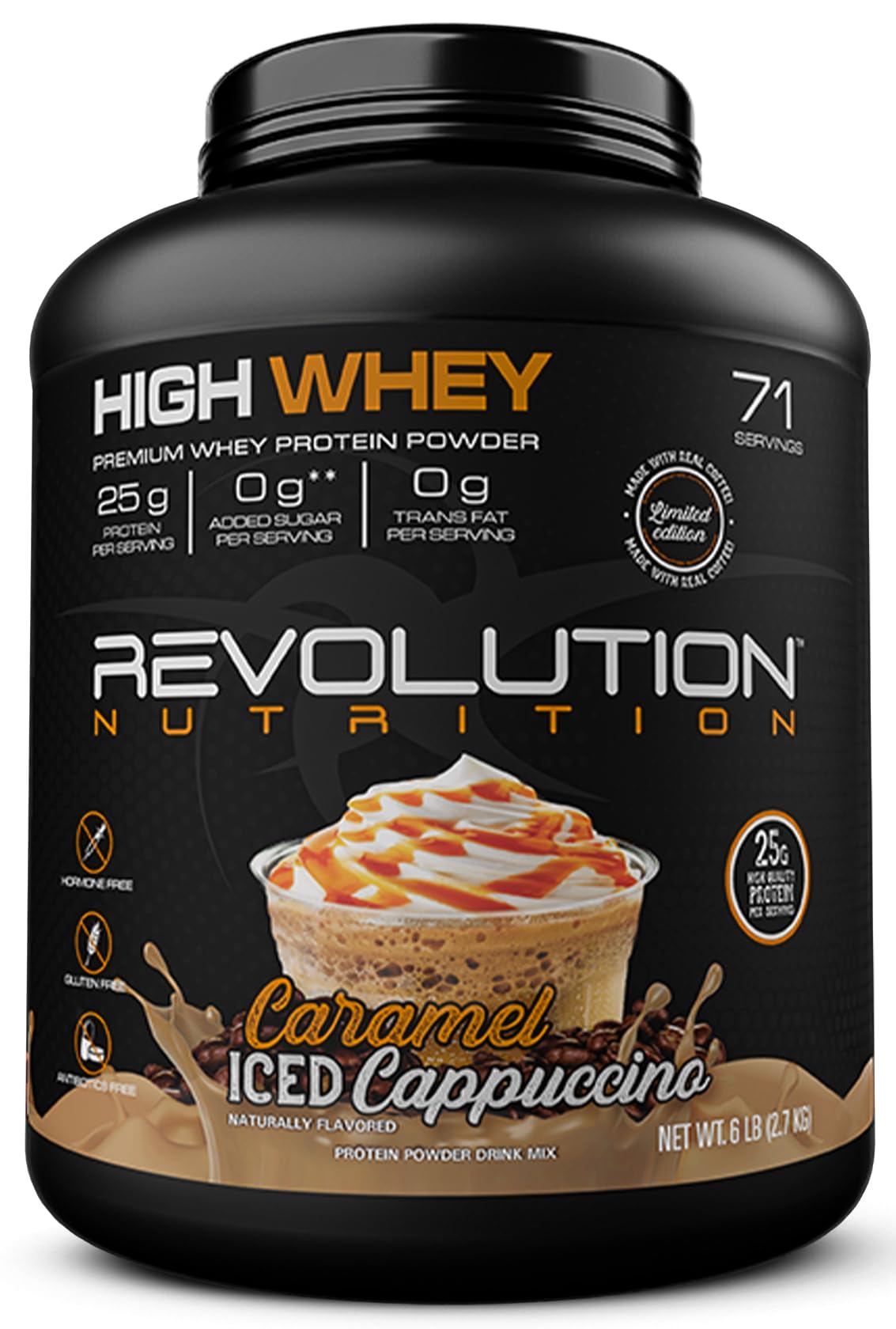 Revolution Nutrition, High Whey, Protein Powder 6LB, Whey Isolate, Gluten Free, Lean Muscle Mass for Men & Women, 25g of Protein Per Scoop, 2.7kg, 73 Servings (Caramel Iced Cappuccino, 6 Pound)
