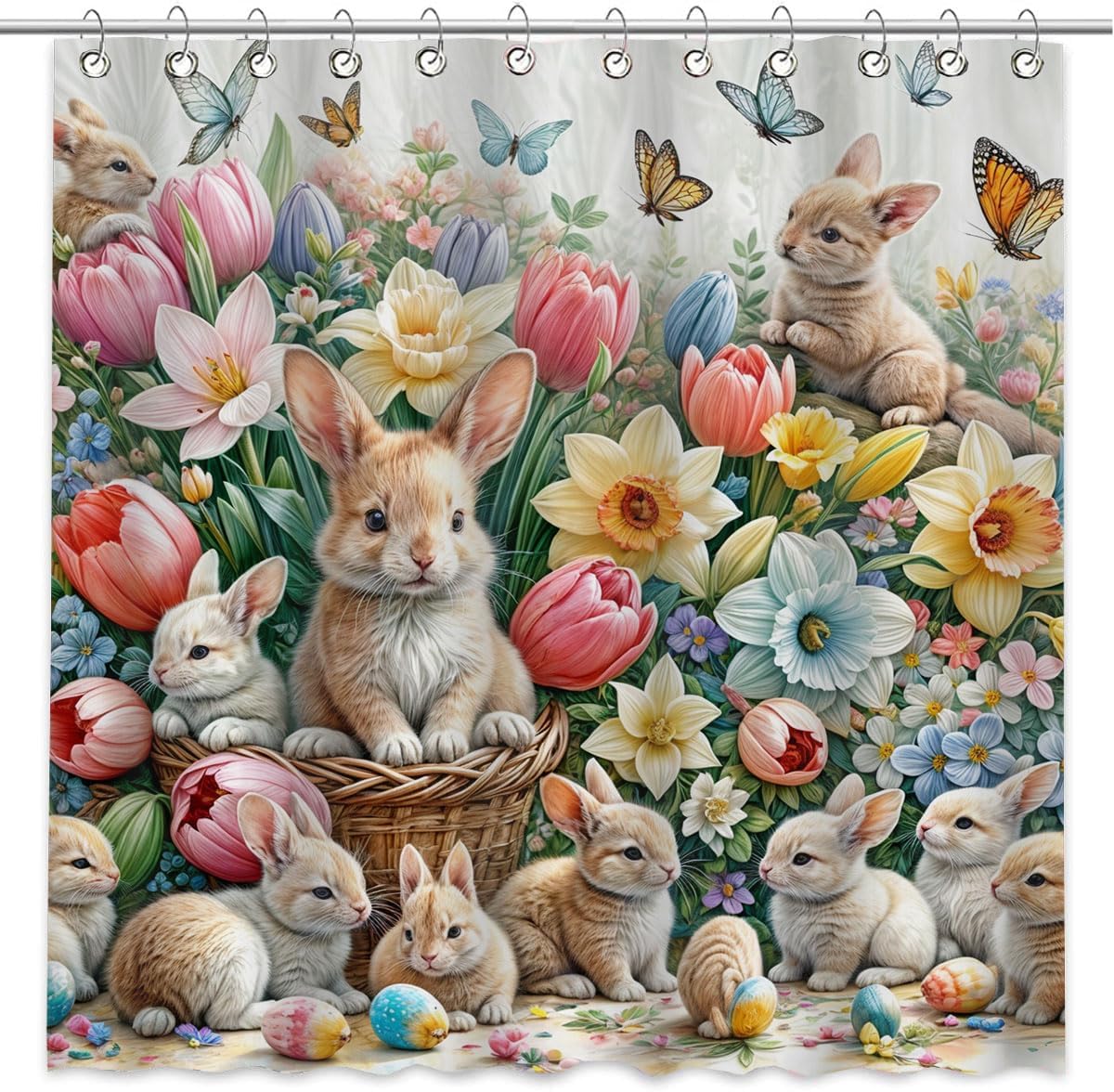 Shower Curtain Easter, Rabbits in Floral Garden Polyester Fabric Bath Decor Accessories with Hooks, 72x78 Inch