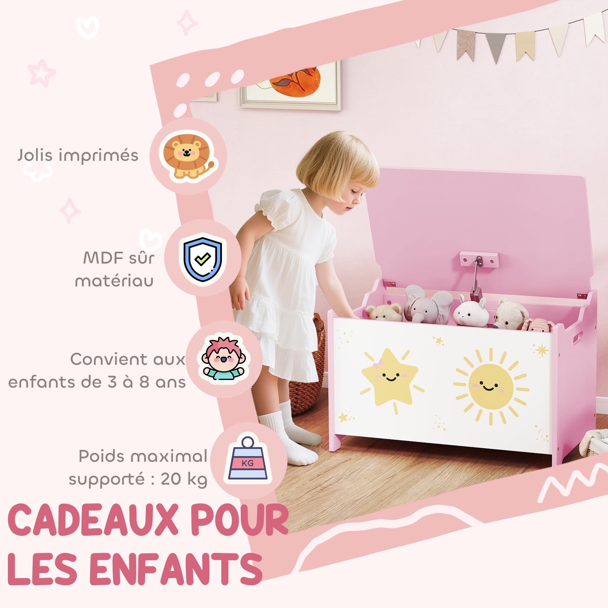AIYAPLAY Coffre à jouets avec couvercle, coffre de rangement enfant avec charnières de sécurité, pour salon, salle de jeux, chambre d'enfant, rose
