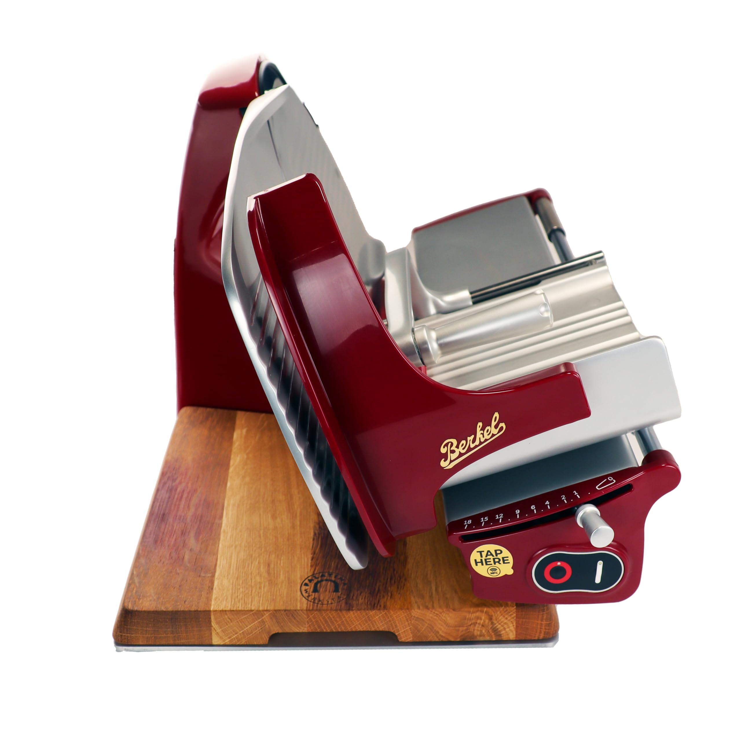 Berkel Home Line 250 Plus, affettatrice professionale, lama da 250 mm, rosso, affettatrice per pane, tagliere fatto a mano