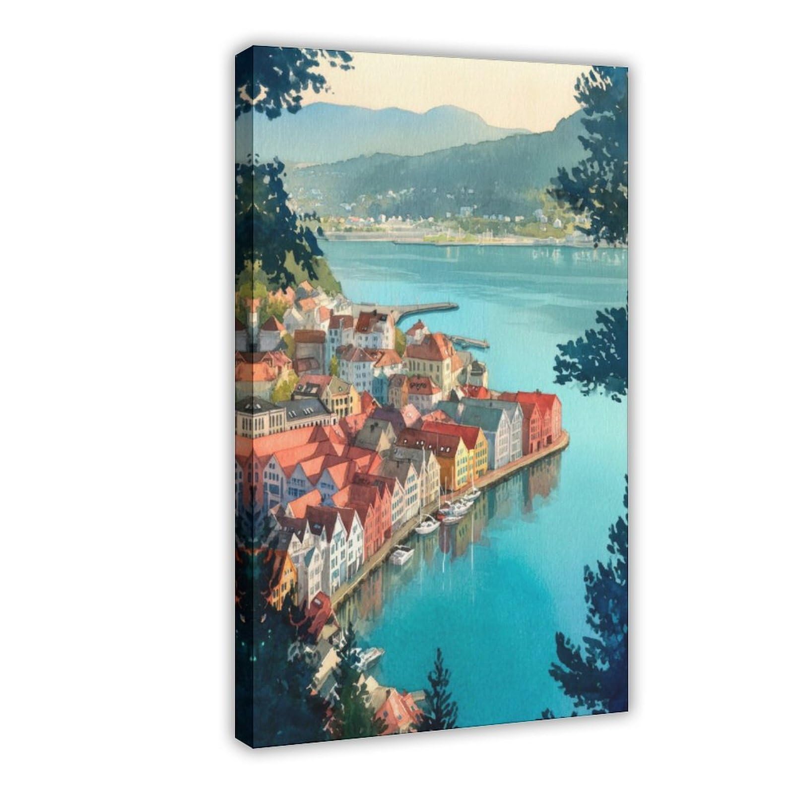 Bergen Port, poster di viaggio ad acquerello, paesaggio norvegese della città costiera, poster su tela, decorazione per camera da letto, ufficio, stanza, regalo, 40,6 cm di lunghezza x 61 cm di