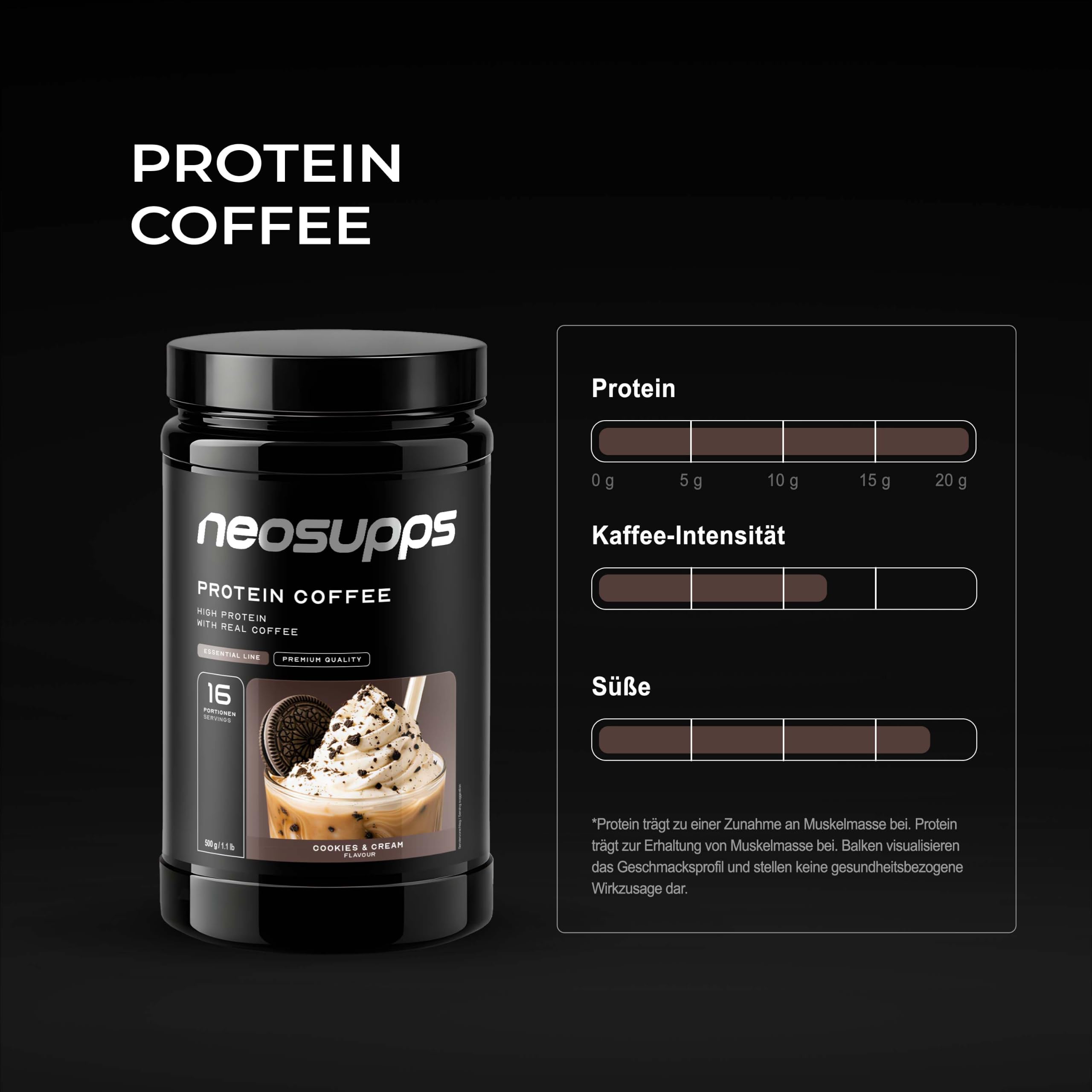 NEOSUPPS Protein Coffee Cookies & Cream 500g, Eiweißkaffee mit 20g Molkenprotein & 80mg Koffein pro Portion, Low Sugar Protein Drink mit echtem Kaffee & Cookie-Stückchen