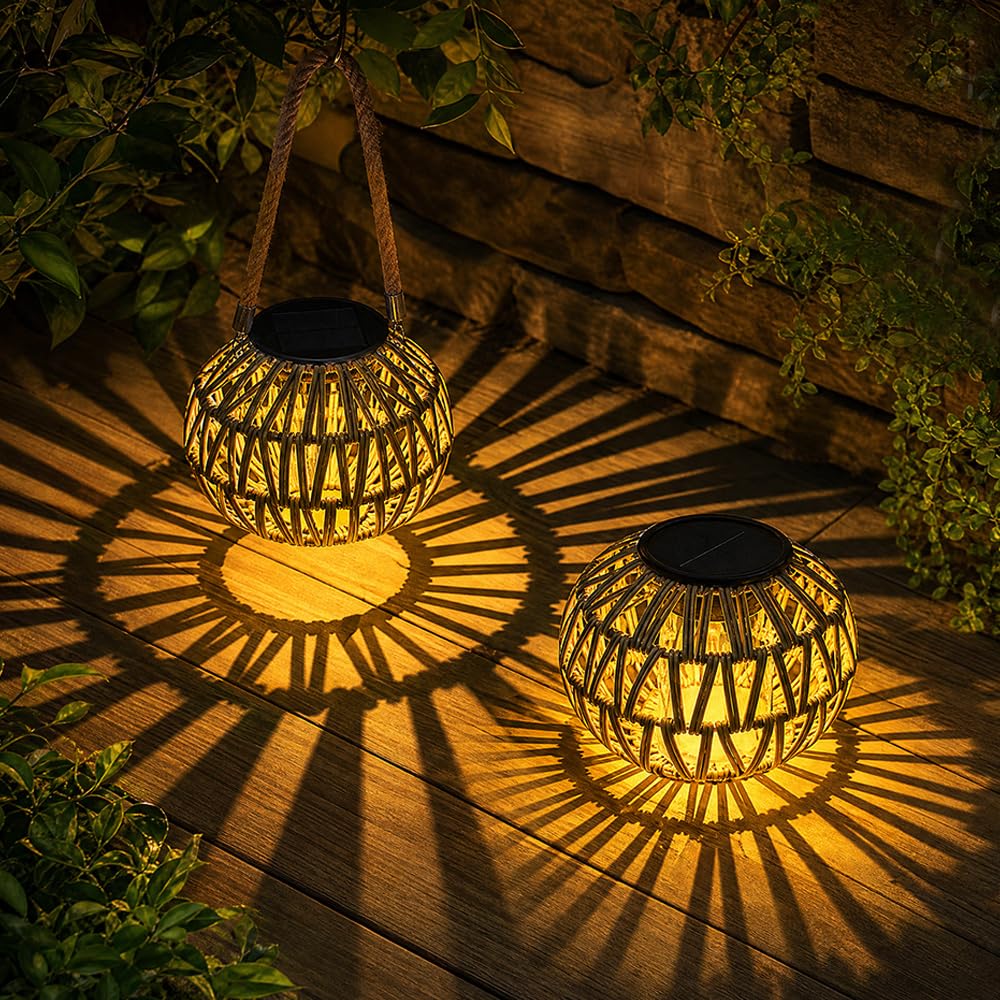 YOFHPT 2 PCS Solar Lanterns Outdoor Garden, Rattan Solar Lantern for Outside with Auto ON/Off, So-lar Garden Lights, Gar-den Sola-r Lamps for Garde-n, Yard, Patio, Pathway