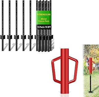 Metal Fence Post 3 Feet Black, Pack of 15 Bundle Post Driver Red 12LB