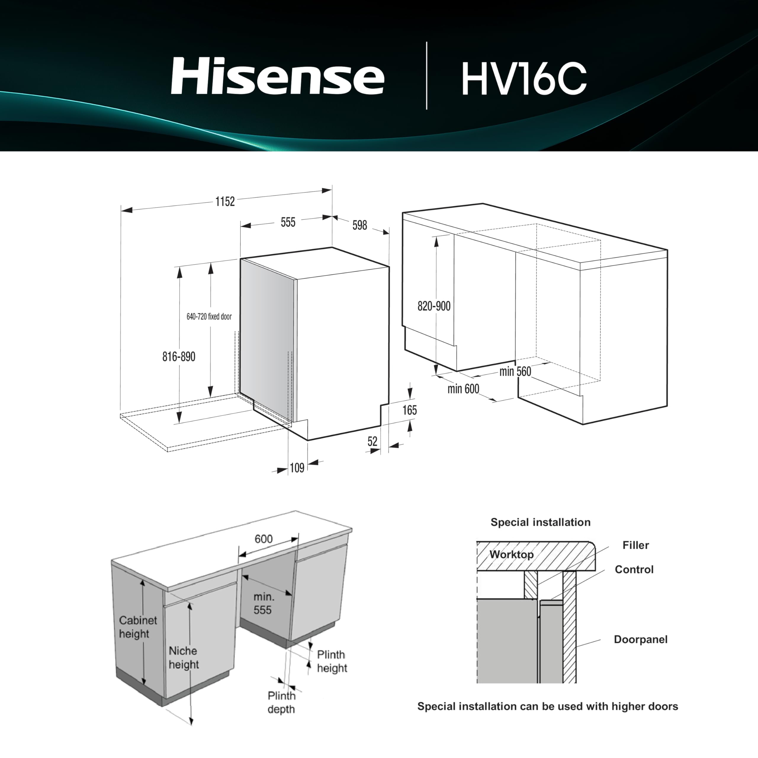 Hisense HV16C - Lavastoviglie Classe C, 16 coperti, terzo cesto, 43db, 6 programmi, partenza ritardata, total dry, incasso