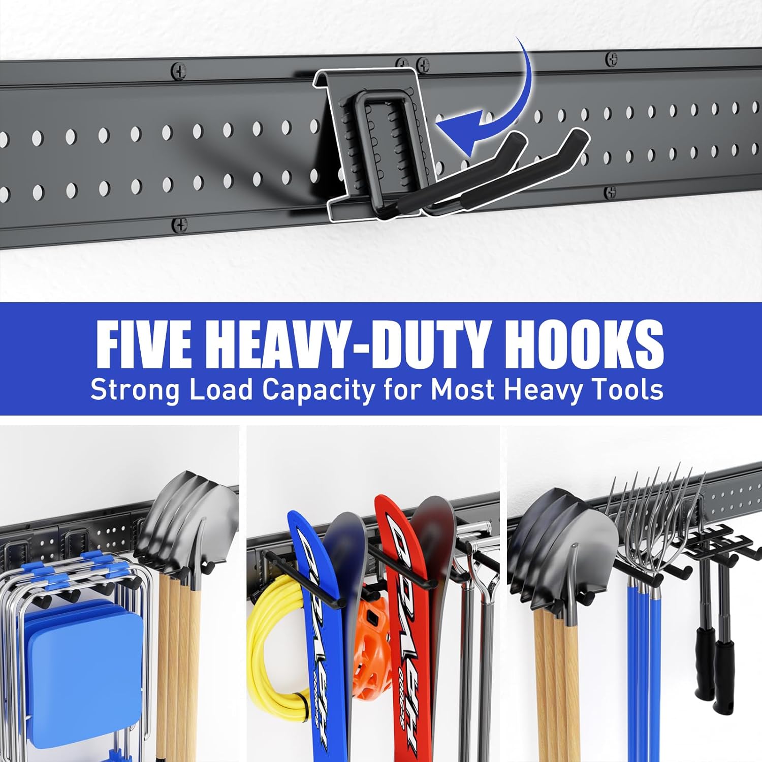 Garage Tool Organizer Wall Mount 48 inches with 10 Adjustable Heavy-Duty Hooks, Garage Organization, Garden Tool Storage Rack, Yard, and Shed, Holds Up to 400 lbs