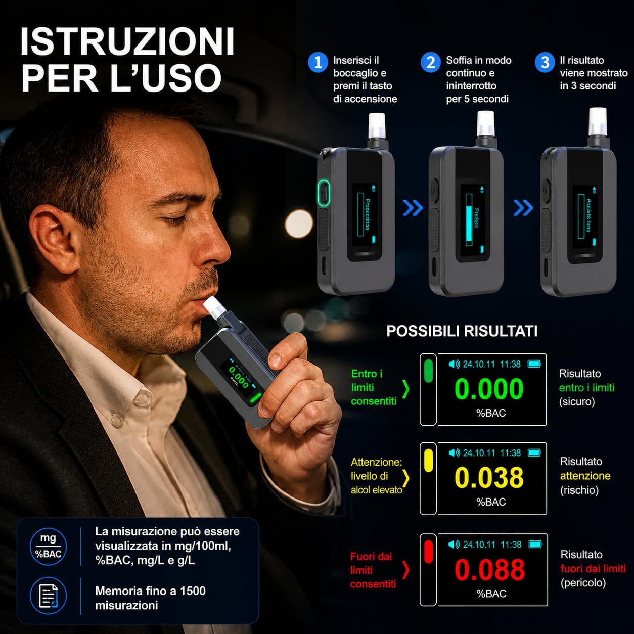 Etilometro Omologato Professionale con 16 Bocchini – Sensore Elettrochimico ad Alta Precisione con Schermo LCD – Etilometro Digitale Ricaricabile – Test Alcolemico Portatile