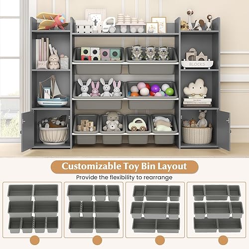 Miniatura 8 de HONEY JOY Organizador de almacenamiento de juguetes para niños, armario de almacenamiento de piso de madera con 8 contenedores extraíbles, estante
