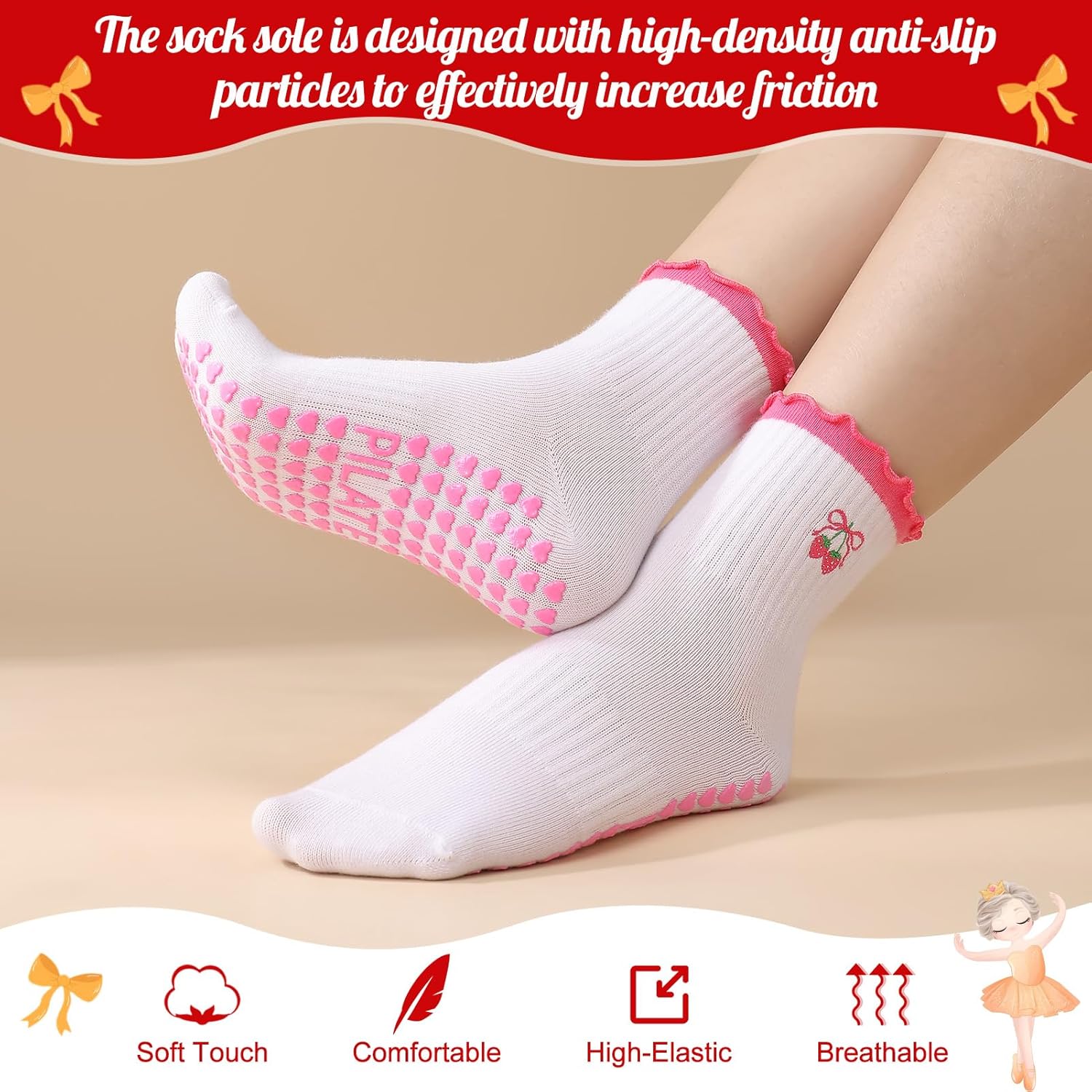 Jspupifip Cute Pilates Grip Socks for Women Non Slip Yoga Socks Embroidery Ruffle Crew Sock for Barre Barefoot Workout - Image 2