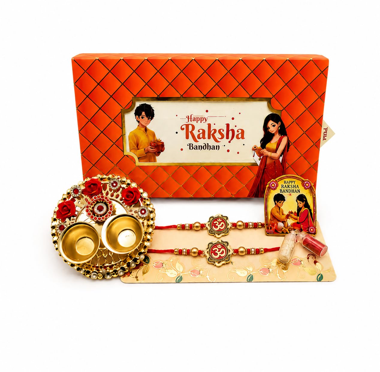 India Raksha Bandhan Gift Hamper, Set of 2 Designer Rakhis with Roli Chawal, Pull-to-Reveal Slider Surprise Box for Brother, Bhai Bhabhi Rakhi-image-42