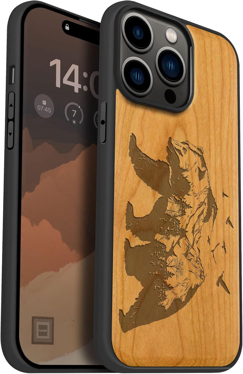 Carveit Magnetic Wood Case for iPhone 14 Pro Max [Natural Wood & Black Soft TPU] Unique & Classy Wooden Shockproof Protective Cover Compatible with magsafe (Bear and Valleys -Rosy)
