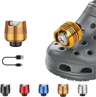 Atrasee 2Pcs Rechargeable Croc Headlights for Shoes, 3 Light Mode, IPX5 Waterproof, 148 Hours Last, Lightweight Aluminum LED Crocs Head Lamps Charms Accessories for Adults Kids Walking Camping, Gold