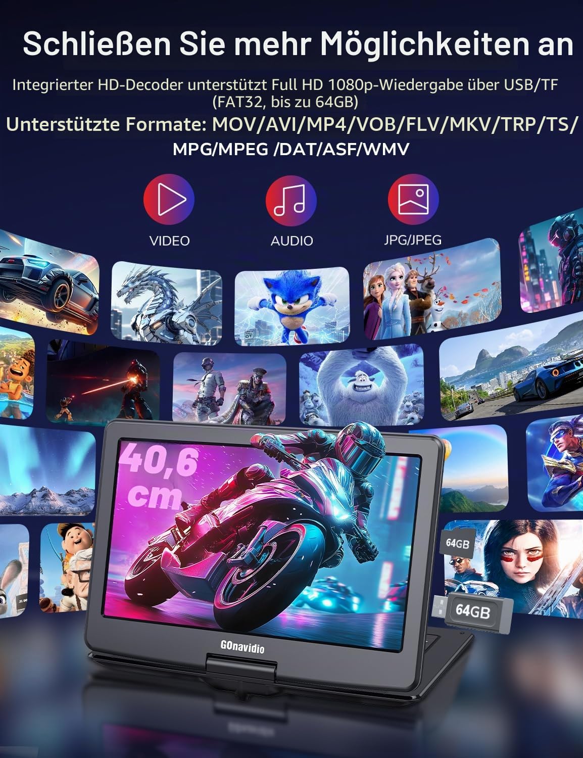 GOnavidio Tragbarer DVD-Player mit 40,6 cm (18 Zoll) großem Bildschirm, eingebauter 5H-Akku, 1600 x 900 hohe Auflösung, unterstützt HDMI-Eingang, Synchronisationsbildschirm, USB/TF, letzter Speicher