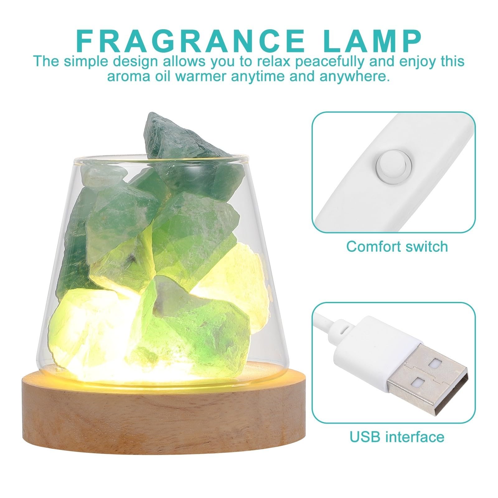 Zerodeko Lampe à Parfum Élégante Fonction Rafraîchissante et Diffusion D'huile Essentielle en Pierre de Cristal Verte Diffuseur D'arôme pour Intérieur pour Salon ou Salle de Bain