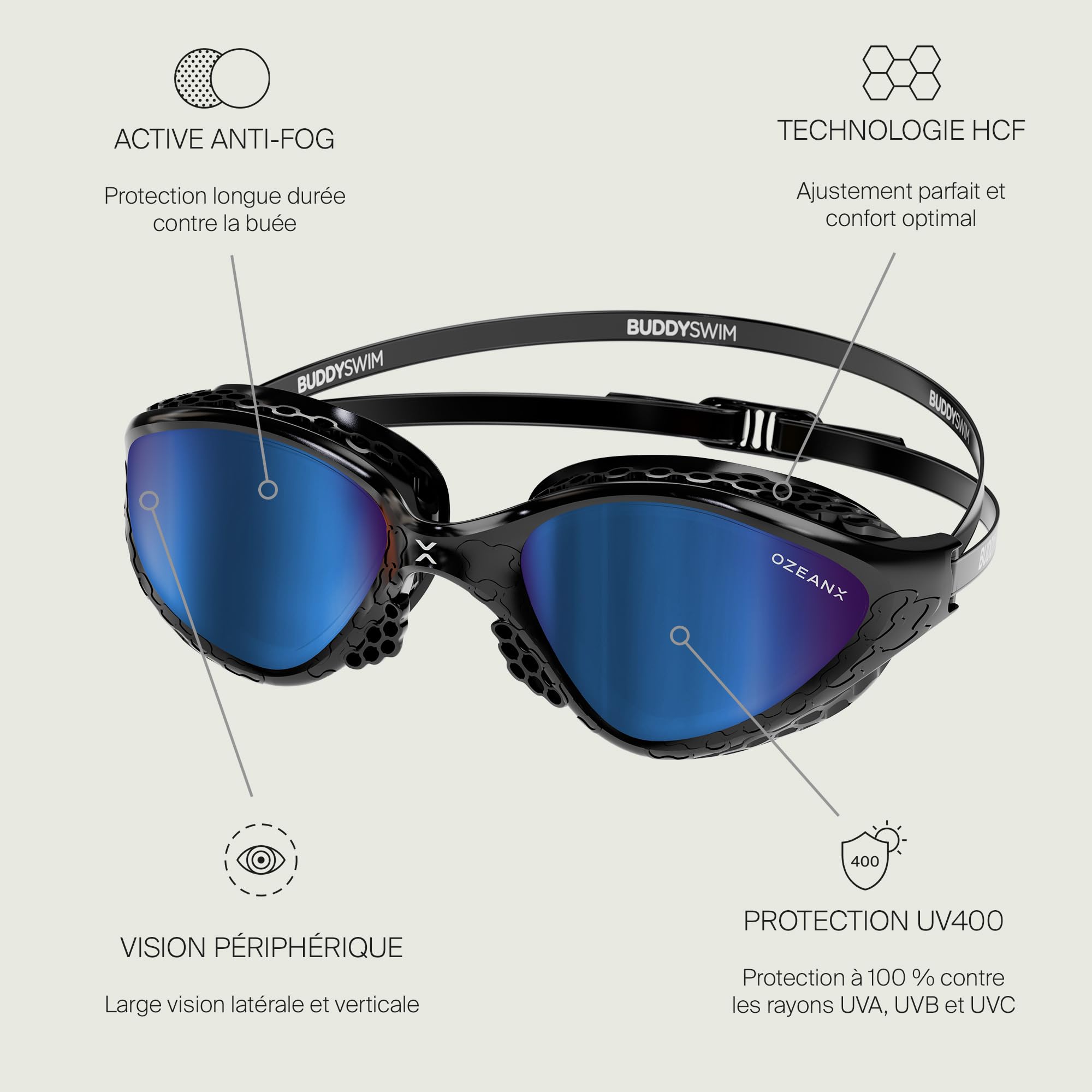 Lunette Piscine Adulte OzeanX. Lunette Natation Homme avec Protection UV400. Lunette de Piscine Femme Antibuée,Verres Panoramiques XVISION. Ajustement Hydrodynamique Confortable pour Piscine