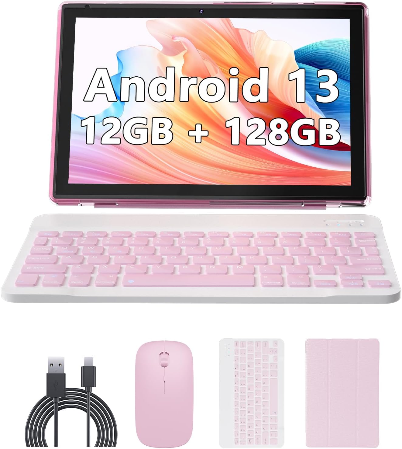 Android 13 Tablet 10 Inch, 12GB RAM 128GB ROM/1TB Expandable, 2 in 1 Tablets with Keyboard Mouse Case Stylus, Quad-core 2.0GHz Processor Tablet, 1280*800 IPS HD Touch Screen, 5G WiFi 6 BT 5.0