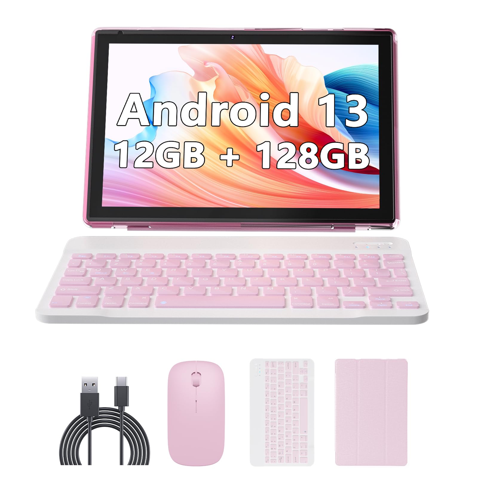 Android 13 Tablet 10 Inch, 12GB RAM 128GB ROM/1TB Expandable, 2 in 1 Tablets with Keyboard Mouse Case Stylus, Quad-core 2.0GHz Processor Tablet, 1280*800 IPS HD Touch Screen, 5G WiFi 6 BT 5.0