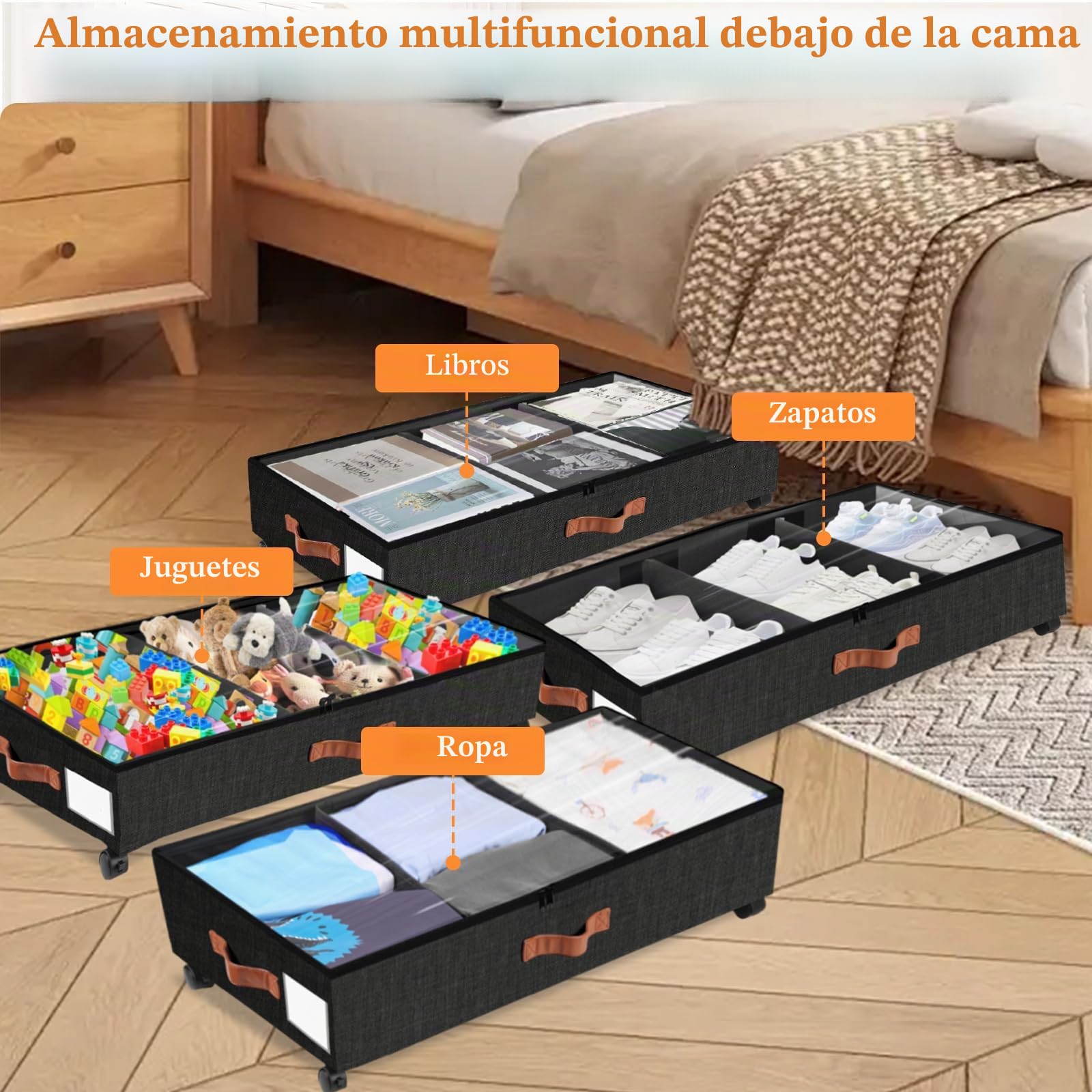 2 Piezas Cajas Almacenaje Ropa con Ruedas, Negro 38L Grande Caja Bajo Cama con Tapa Ventana Visible Marco Metálico Almacenaje Bajo Cama Para Zapatos Mantas Ropa Juguetes Libros Edredones
