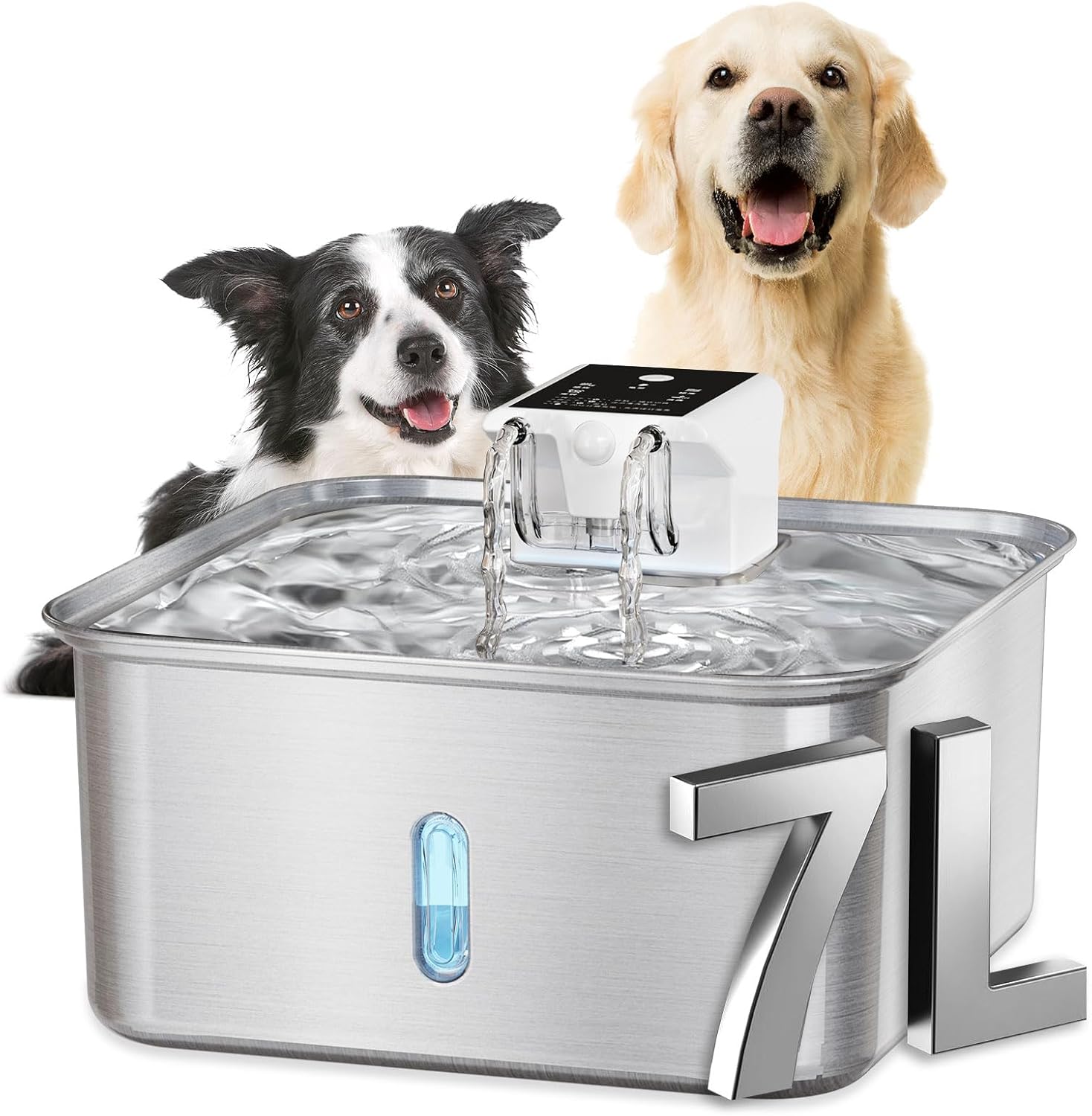 Wireless Dog Water Fountain - Dog Water Bowl Dispenser, 7L/236oz Large Capacity Stainless Steel Cat Fountain with Motion Sensor, Auto Water Dispenser for Multi-Pet Home (Square+5 Filters+5 Sponges)