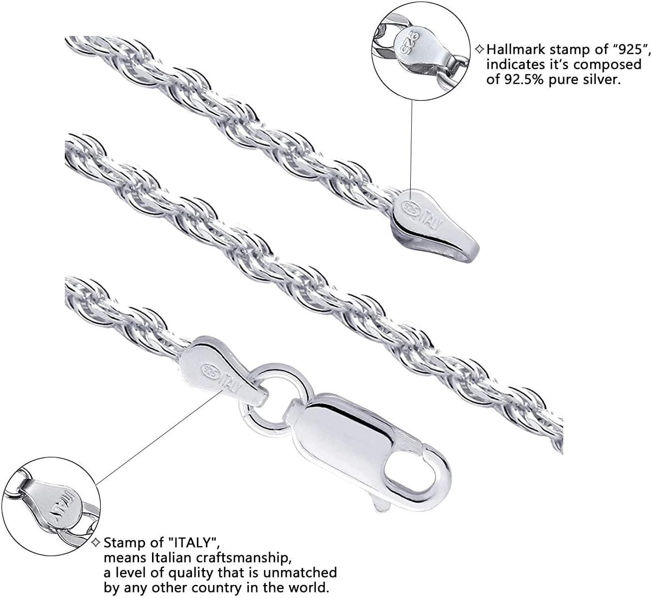 Savlano 925 Sterling Silver 3.5mm Solid Italian Rope Diamond Cut Twist Link Chain Necklace With a Gift Box For Men & Women - Made in Italy