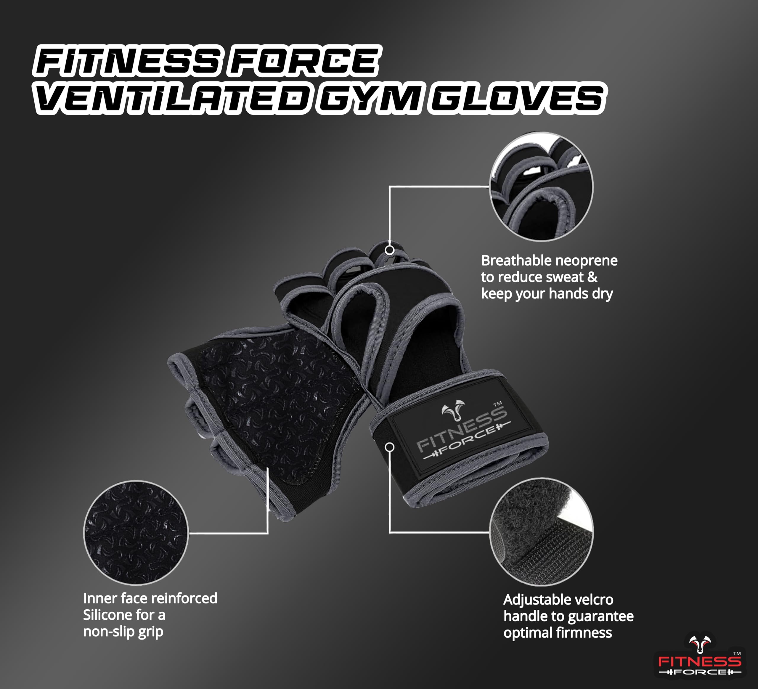 FITNESS FORCE Guantes de entrenamiento ventilados para hombres y mujeres con muñequeras integradas, guantes de gimnasio sin dedos para hombres, perfectos para ejercicio, fitness, levantamiento de
