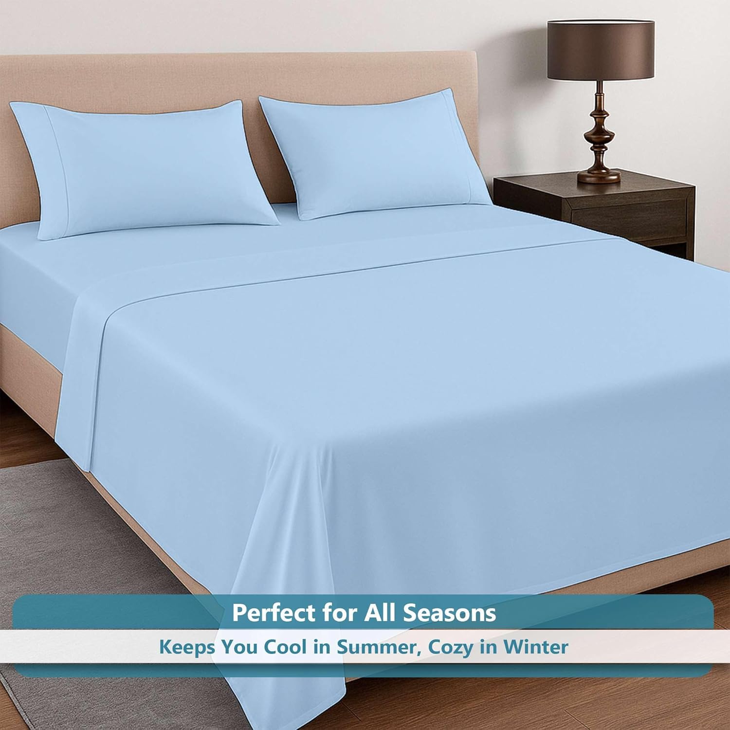 Ready To Rest 100% Egyptian Cotton Queen Sheet Set - 4 Piece Sheets with 15" Deep Pocket, Soft & Comfy, 1 Fitted Sheets + 1 Flat Sheet & 2 Pillowcases (Light Blue Solid)