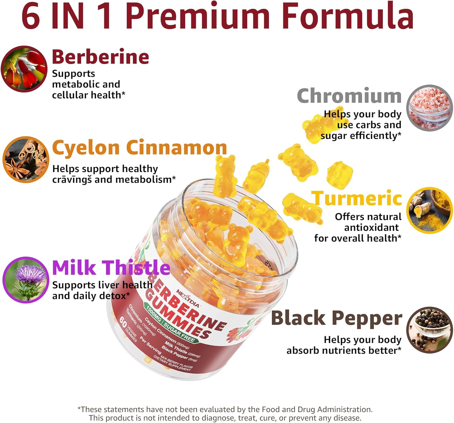 Berberine Gummies Supplement 1500mg, Natural GLP-1 Support + Ceylon Cinnamon, Chromium, Milk Thistle, Turmeric, AMPK Activator for Women & Men, Berberine HCl from Indian Barberry, Sugar Free, 60 Count - Image 4