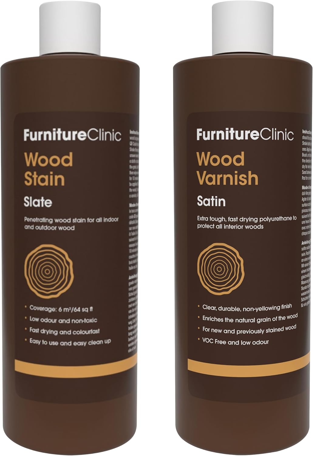 Furniture Clinic 17 oz Slate Wood Stain + 500ml Satin Wood Varnish | Water Based | Fast Drying, Low Odor, & Non-Toxic | for Indoor & Outdoor Furniture and More
