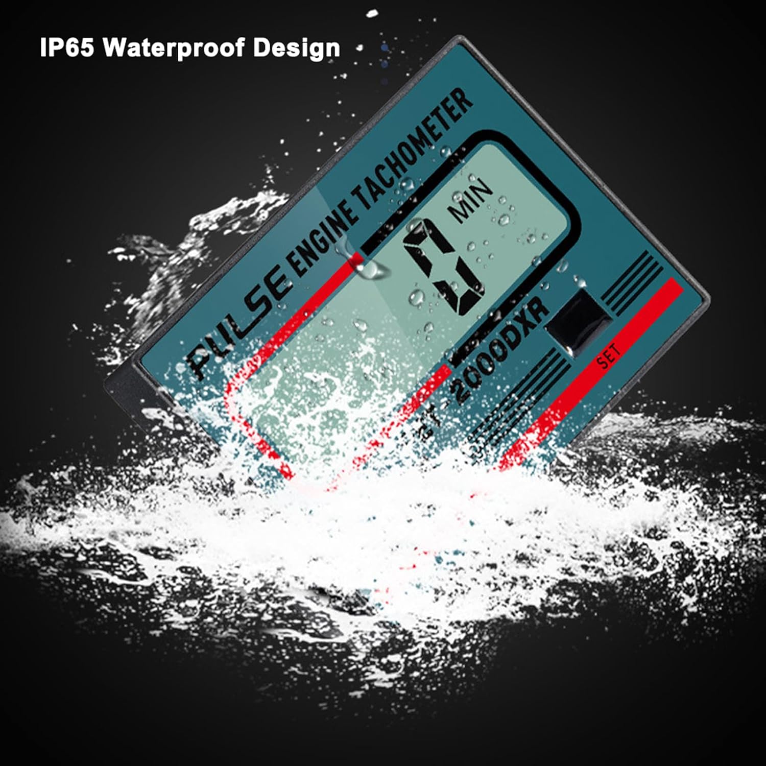Klanata ZSB-268 Tachometer being splashed with water, illustrating its IP65 waterproof design.
