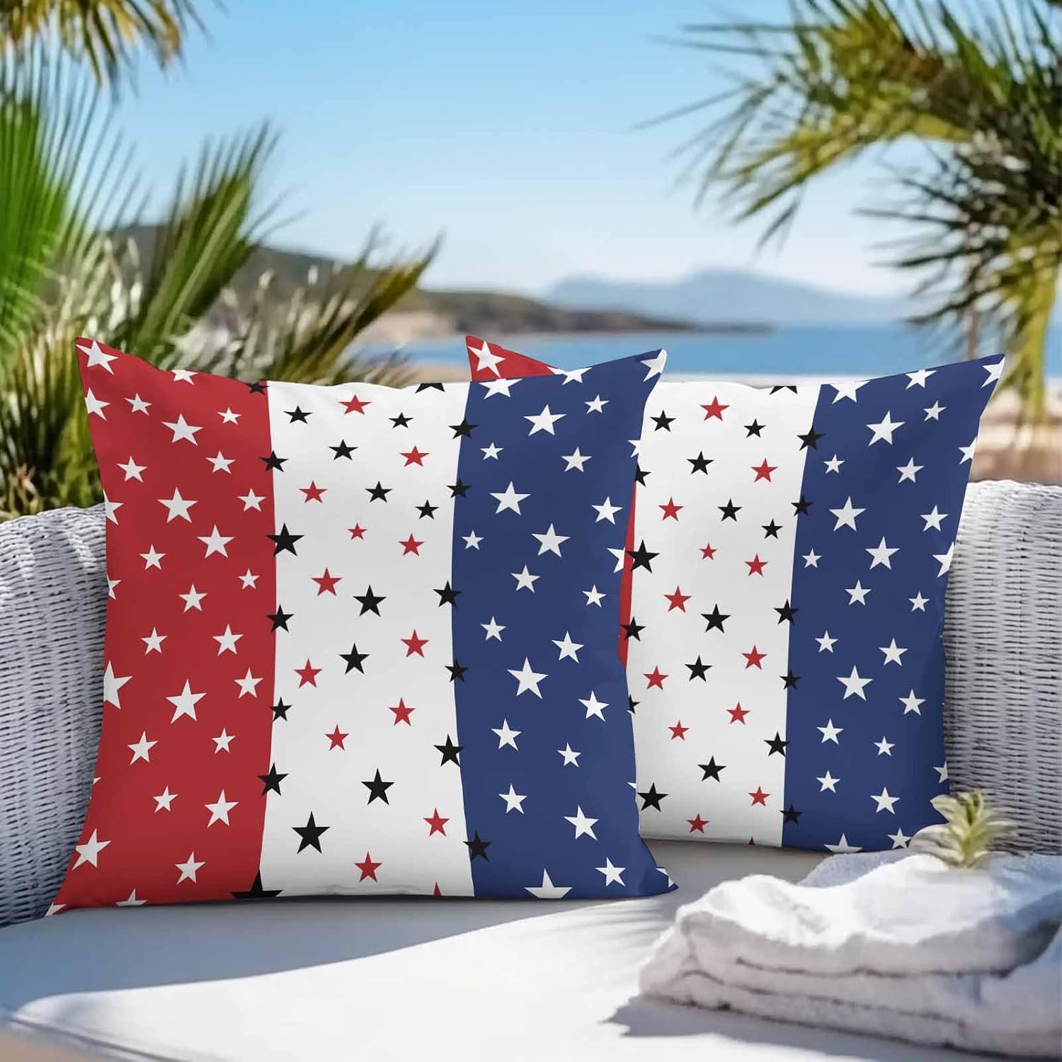 Vandarllin Outdoor Throw Pillows Covers 20X20 Set of 2 Waterproof July 4th Decorative Zippered Cushion Covers for Patio Furniture, Red White Blue Lumbar Pillowcases Independence Day Americana Stars