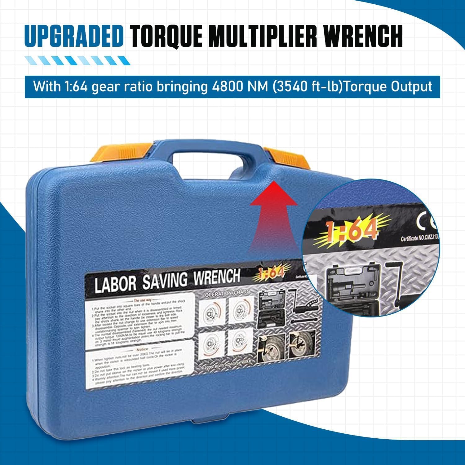 Heavy Duty Torque Multiplier Wrench Set - 1:64 Torque Wrench Set 11PCS Labor Saving Torque Multiplier Wrench Lug Nut Remover Lug Nut Wrench Set 1'' Drive 4800 NM with 8PCS CR-V Sockets Set (24-38MM)