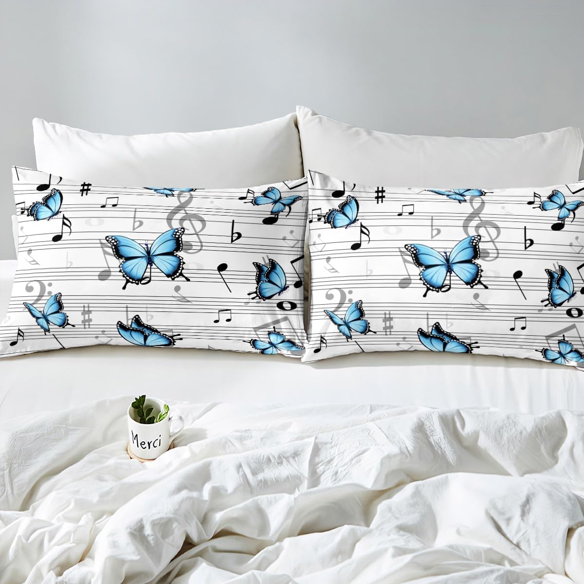 Music Kids Fitted Sheet Queen Size,Music Note Piano Musical Bedding Set,Boys Girls Adults Room Decor,Blue Butterfly Rustic Country Bed Cover,Black White Fashion Bed Sheet,2 Pillowcases