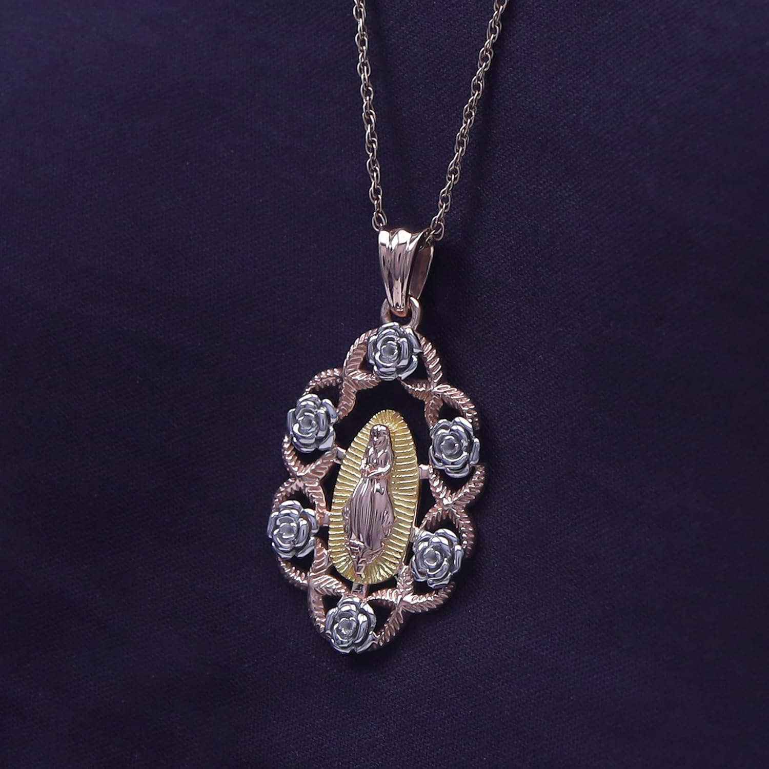 AFFY Our Lady of Guadalupe Pendant Necklace, Three-Tone 14K Gold Over 925 Sterling Silver, Inspirational Religious Catholic Jewelry Gift for Women & Men with 18" Rope Chain - Image 3