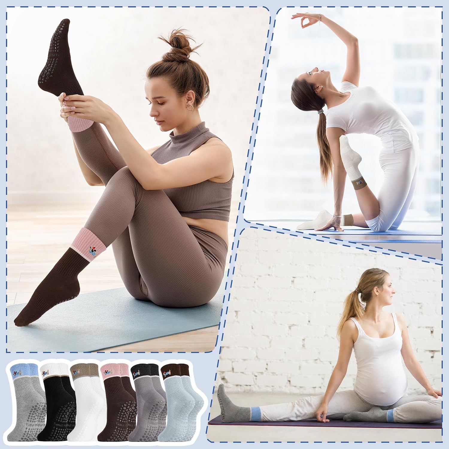 6 Pairs Cute Pilates Grip Socks for Women, Non Slip Yoga Sock, Pilates Grippy Crew Socks with Dog Pattern for Barre Ballet Barefoot Yoga, Workout, Hospital